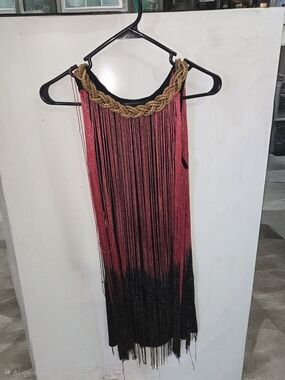 Asymmetrical Fringe Dress with Braided Gold Neckline - Pink and Black